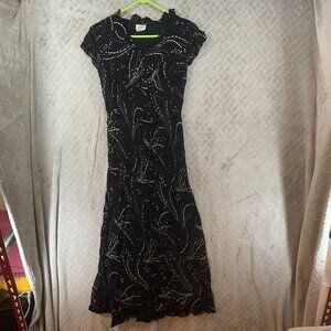 Steen Womens S Dress Black Swirl Long Midi Short Cap Sleeve Ruffle Belt